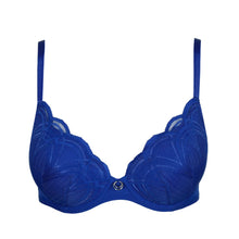 Load image into Gallery viewer, Blue bra with leaf patterns on a white background