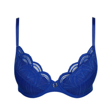 Load image into Gallery viewer, Blue bra with lace details on a white background