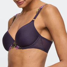 Load image into Gallery viewer, Woman wearing a dark purple bikini with floral straps on a light gray background