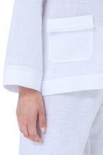 Load image into Gallery viewer, Classic 100% Pre-washed Linen Pyjamas. Revere collar on loose jacket. The pocket on the hip has a feminine lace trim. Full length trousers with a gentle elasticated waist. Celestine garments are also addictive, so watch out. Once tried, there is no turning back! Celestine nightwear, dressing gowns, short robes and pyjamas drop from the shoulder, therefore one size fits all. Composition: 100% Linen 100% Guipure Lace Machine Washable