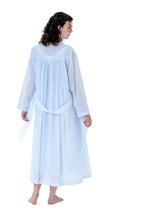 Load image into Gallery viewer, Azure. Full length (130cm), frilled collar robe. Made in Germany from the finest mousseline, this full length, diaphanous dressing gown is a 100% pure cotton. It offers the wearer perfect cover without heaviness. Celestine garments are addictive, so watch out. Once tried, there is no turning back! Celestine nightwear, dressing gowns and short robes drop from the shoulder, therefore one size fits all. Composition: 100% Pure Swiss Cotton Machine