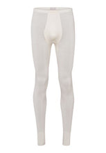 Load image into Gallery viewer, An elegant and temperature regulating blend of wool and silk, crafted without side seams for ultimate comfort and style. Perfect for sport or any outdoor or even indoor use. Longjohns have a fly front. Fabric content: 70% Merino Wool, 30% Pure Silk. Machine washable. Ivory.