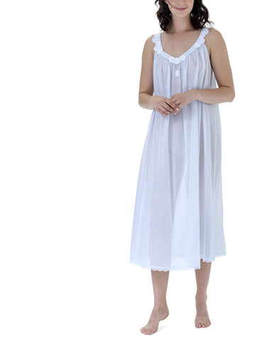 Very beautiful long (123cm) sleeveless nightgown. Lace details on the gentle V neck & wide straps. Flared skirt for ease of movement when sleeping. Made in Germany from the finest pure Swiss cotton, Celestine nightdresses are diaphanous, offering perfect sleep without heaviness. Celestine nightwear, dressing gowns and short robes drop from the shoulder, therefore one size fits all.  Fabric composition:  100% Pure Swiss Cotton. 100% Guipure Cotton Lace. Machine Washable.