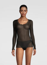 Load image into Gallery viewer, Black Long Sleeve style delicate fine ribbed knit fabric in pure silk organza with the most elegant and feminine French leavers lace at the neckline and cuff. The lace is certified and numbered as true “Dentelle de Calais®”. Super-soft touch with no side seams, the construction is for the ultimate in comfort. Featuring a gently scooped neckline this top allows for a multiple of uses, as underwear or outerwear. 100% Silk All Oscalito Silk is certified GOTs. Machine washable