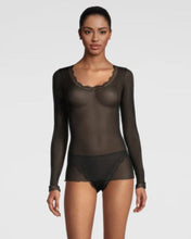 Load image into Gallery viewer, Black Long Sleeve style delicate fine ribbed knit fabric in pure silk organza with the most elegant and feminine French leavers lace at the neckline and cuff. The lace is certified and numbered as true “Dentelle de Calais®”. Super-soft touch with no side seams, the construction is for the ultimate in comfort. Featuring a gently scooped neckline this top allows for a multiple of uses, as underwear or outerwear. 100% Silk All Oscalito Silk is certified GOTs. Machine washable