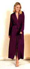 Load image into Gallery viewer, Prune full length Cashmere/Wool Kimono style dressing gown. There are two patch pockets at the front, and a slim belt at the waist. The comfort and absolute softness of this robe makes it ideal for staying stylish, warm and comfortable at home.
Fabric Content: 50% Cashmere, 50% Wool
125cm in length
Machine washable