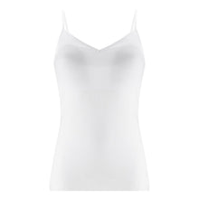 Load image into Gallery viewer, A white spaghetti-strap camisole tank top with a V-neckline, shown on a plain white background.