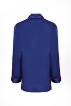 Load image into Gallery viewer, Our own classic pure silk 'men's style' pyjamas. They are made from 19 mm 100% pure heavyweight Silk Satin. One seam on the leg for extra comfort. Mother-of-pearl buttons, elastic waist the trousers. Perfect for sleeping and loungewear. Available in two colourways: Navy/Crimson Piping.