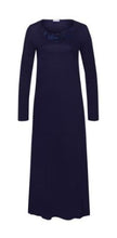 Load image into Gallery viewer, Evening Blue. Attractive 100% soft mercerised knitted cotton. This is a Long Sleeve full length nightgown with a gentle round neckline. It has a lace inset on the gently rounded neckline. There is also deep lace inset at the hem. The nightgown has side slits for ease of movement when sleeping. Light and airy to wear in bed. Deliciously comfortable for sleeping and lounging.
Length: 130cm
Composition: 100% Pure Cotton, 100% Polyester Lace.
Made in Europe
Machine washable