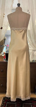 Load image into Gallery viewer, Full length, heavy weight pure silk satin nightdress with delicate contrasting embroidered lace on the bust. Spaghetti straps, with a V neck bust style. The skirt is full length and cut on the bias for full movement. It has a lace trimmed side slit for ease of movement. 100% Pure Silk Satin Made in Italy Machine washable