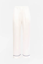 Load image into Gallery viewer, Our own classic pure silk 'men's style' pyjamas. They are made from 19 mm 100% pure heavyweight Silk Satin. One seam on the leg for extra comfort. Mother-of-pearl buttons, elastic waist the trousers. Perfect for sleeping and loungewear. Available in two colourways: Ivory/Navy Piping.