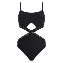 Load image into Gallery viewer, Black swimsuit with cut out details and studded feature on a white background