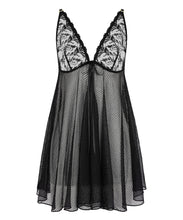 Load image into Gallery viewer, A black sheer mesh babydoll nightgown with floral lace cups and a deep V-neckline, shown against a plain white background.