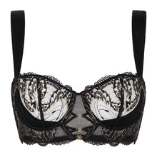 Load image into Gallery viewer, Aubade Splendour of Senses black bustier bra with shimmering gold animal-inspired embroidery and wide silk jacquard straps.