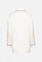 Load image into Gallery viewer, Our own classic pure silk 'men's style' pyjamas. They are made from 19 mm 100% pure heavyweight Silk Satin. One seam on the leg for extra comfort. Mother-of-pearl buttons, elastic waist the trousers. Perfect for sleeping and loungewear. Available in two colourways: Ivory/Navy Piping.