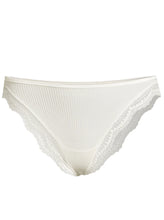 Load image into Gallery viewer, Ivory. Bikini style delicate fine ribbed knit fabric in pure silk organza with the most elegant and feminine French leavers lace at the leg. The lace is certified and numbered as true “Dentelle de Calais®”. Super-soft touch the construction is for the ultimate in comfort. 100% Silk All Oscalito Sik is certified GOTs. Machine washable