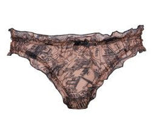 Load image into Gallery viewer, This is a stunning Babydoll set in floaty chiffon. The top is attached at the neck with a jewelled detail. The back is completely open. The light chiffon fabric has a pattern of map scenes of old Paris, always the city of love!
The briefs have a frilled edge and are bikini style.
The top is one size, the briefs are sized.
Made in France.