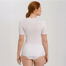 Load image into Gallery viewer, A woman wearing a white seamless cotton T-Shirt style top. It has a short sleeves and a V-Neck.
Image of the back.