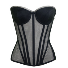 Load image into Gallery viewer, Black corset with sheer panels on a white background, cups are not see thought