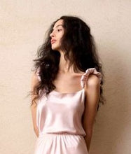Load image into Gallery viewer, SALE Pure Silk Camisole, & Crop-Top and with a playful puffed detail on the camisole shoulder and under the bust on the crop-top. The crop-top has adjustable straps for the perfect fit. Made by Luuna Mine; an artisan design studio based in Shanghai, from heavy weight pure silk satin, these items are perfect for sleepwear, leisure wear or daywear. May be bought separately. Composition: Pure Silk Satin. Machine washable. Rose Pink & Eau de Nil.