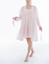 Load image into Gallery viewer, Short (102cm), Kimono Style short robe. Frilled detail on the hem edges and cuffs. The robe has belt and pocket. Made in Germany from the finest mousseline, this short, diaphanous robe is a 100% pure cotton. It offers the wearer perfect cover without heaviness. Celestine garments are addictive, so watch out. Once tried, there is no turning back! Celestine nightwear, dressing gowns and short robes drop from the shoulder, therefore one size fits all. Composition: 100% Pure Swiss Cotton Machine Washable