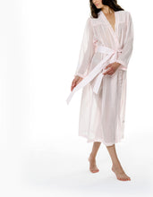 Load image into Gallery viewer, Rose. Full length (130cm), frilled collar robe. Made in Germany from the finest mousseline, this full length, diaphanous dressing gown is a 100% pure cotton. It offers the wearer perfect cover without heaviness. Celestine garments are addictive, so watch out. Once tried, there is no turning back! Celestine nightwear, dressing gowns and short robes drop from the shoulder, therefore one size fits all. Composition: 100% Pure Swiss Cotton Machine