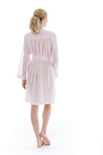 Load image into Gallery viewer, Short (102cm), Kimono Style short robe. Frilled detail on the hem edges and cuffs. The robe has belt and pocket. Made in Germany from the finest mousseline, this short, diaphanous robe is a 100% pure cotton. It offers the wearer perfect cover without heaviness. Celestine garments are addictive, so watch out. Once tried, there is no turning back! Celestine nightwear, dressing gowns and short robes drop from the shoulder, therefore one size fits all. Composition: 100% Pure Swiss Cotton Machine Washable