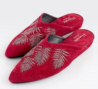 Load image into Gallery viewer, Stylish Moroccan style suede slippers. All suede upper with padded insole for extra comfort. Rubber sole for non-slip wear. Perfect for home or outerwear. Cherry Silver.