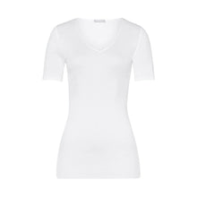 Load image into Gallery viewer, A white seamless cotton T-Shirt style top. It has a short sleeves and a V-Neck.