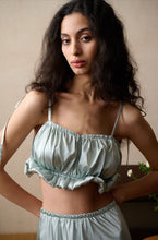 Load image into Gallery viewer, SALE Pure Silk Camisole, & Crop-Top and with a playful puffed detail on the camisole shoulder and under the bust on the crop-top. The crop-top has adjustable straps for the perfect fit. Made by Luuna Mine; an artisan design studio based in Shanghai, from heavy weight pure silk satin, these items are perfect for sleepwear, leisure wear or daywear. May be bought separately. Composition: Pure Silk Satin. Machine washable. Rose Pink & Eau de Nil.