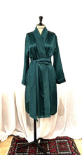 Load image into Gallery viewer, Made in Florence, Short (100cm) beautiful Pure Silk Robe. The wide belt is integrated into the back of the robe creating a sleek and smooth style. It has a kimono style collar and two concealed side pockets. French seams throughout for softness. Wonderful to wear over any item or nightwear, or to match with our Clara Rossi Night/Slips and Pyjamas. Composition: Pure Silk Satin Care: Machine or Hand wash in cool water. Details: Loose fitting for comfort and movement.