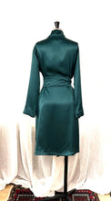 Load image into Gallery viewer, Made in Florence, Short (100cm) beautiful Pure Silk Robe. The wide belt is integrated into the back of the robe creating a sleek and smooth style. It has a kimono style collar and two concealed side pockets. French seams throughout for softness. Wonderful to wear over any item or nightwear, or to match with our Clara Rossi Night/Slips and Pyjamas. Composition: Pure Silk Satin Care: Machine or Hand wash in cool water. Details: Loose fitting for comfort and movement.