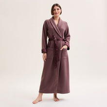 Load image into Gallery viewer, Fig. Soft full length fleece dressing gown. Matching toned satin finish on cuffs and belt. Two patch pockets. The belt at the waist puts the final touch to this light elegant and cosy robe. Composition 70% Polyester, 30% Viscose.