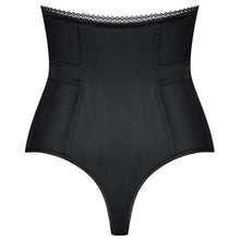 Load image into Gallery viewer, All shaping Black Satin high waisted Corset G/String. Sumptuous to wear. Smooth under clothing. Comes up high, controls the tummy while looking fabulous! Boned front and back for perfect shaping. Zipped at the front.