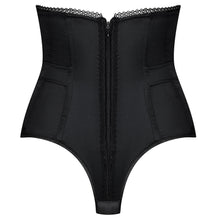 Load image into Gallery viewer, All shaping Black Satin high waisted Corset G/String. Sumptuous to wear. Smooth under clothing. Comes up high, controls the tummy while looking fabulous! Boned front and back for perfect shaping. Zipped at the front.