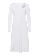 Load image into Gallery viewer, Made from 100% soft mercerised knitted cotton. This is a lovely 3/4 length long sleeve nightgown. Rounded neckline with an appliqué lace inset at the neck & front hem. Perfect item for lounging or sound sleep. Deliciously comfortable for sleeping and lounging. Length: 110cm Composition: 100% Pure Cotton 100% Polyester Lace Made in Europe Machine washable. Soft White.