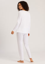 Load image into Gallery viewer, Made from 100% soft mercerised knitted cotton, Rounded neckline with an appliqué lace inset at the neck & front hem. Perfect item for lounging or sound sleep. Gentle rounded collar, long sleeves and with loose fitting trousers, elasticated at the waist. Composition: 100% Pure Cotton 100% Polyester Lace Made in Europe Machine washable. Soft White.
