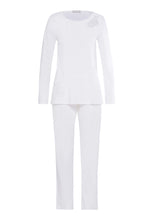 Load image into Gallery viewer, Made from 100% soft mercerised knitted cotton, Rounded neckline with an appliqué lace inset at the neck & front hem. Perfect item for lounging or sound sleep. Gentle rounded collar, long sleeves and with loose fitting trousers, elasticated at the waist. Composition: 100% Pure Cotton 100% Polyester Lace Made in Europe Machine washable. Soft White.