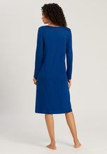 Load image into Gallery viewer, Made from 100% soft mercerised knitted cotton. This is a lovely 3/4 length long sleeve nightgown. Rounded neckline with an appliqué lace inset at the neck & front hem. Perfect item for lounging or sound sleep. Deliciously comfortable for sleeping and lounging. Length: 110cm Composition: 100% Pure Cotton 100% Polyester Lace. Indigo Blue.