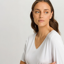 Load image into Gallery viewer, Embrace modern comfort with Hanro Cotton Silk Short-Sleeved Nightdress. This piece features a soft, mercerised cotton interlock construction, enhanced by subtle silk details. The short sleeves and ideal length of 90cm makes it perfect for a stylish and comfortable night's rest or relaxed lounging.