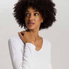 Load image into Gallery viewer, Embrace modern comfort with Hanro Cotton Silk - Long Sleeved Nightdress. This piece features a soft, mercerised cotton interlock construction, enhanced by subtle silk details. The long sleeves and ideal length of 100cm makes it perfect for a stylish and comfortable night's rest or relaxed lounging.