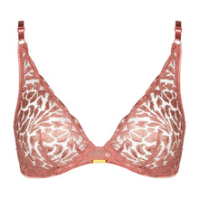 Load image into Gallery viewer, Combining comfort and seduction, the Aubade Crazy in Love underwire triangle bra unfolds its embroidery while playing transparency high on the bust for a very sexy deep neckline. At the base of the gore and on the shoulders, golden details echo the brilliance of the material for a bewitching silhouette.