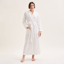 Load image into Gallery viewer, Ivory. Soft full length fleece dressing gown. Matching toned satin finish on cuffs and belt. Two patch pockets. The belt at the waist puts the final touch to this light elegant and cosy robe. Composition 70% Polyester, 30% Viscose.