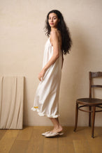 Load image into Gallery viewer, Heavy weight Plain Ivory Silk Nightgown made by Luuna Mine; an artisan design studio based in Shanghai. This is a simple nightgown with a deep V back. It has adjustable spaghetti straps. Made 100% pure heavyweight Silk Satin and with French seams throughout. Perfect for sleeping, loungewear & perhaps even outerwear! Composition: Pure Silk Satin. Machine washable.