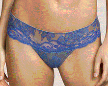 Load image into Gallery viewer, SALE A classic lacy G/String. Vibrant blue lace on a grey ground to the front. Sheer grey mesh at the back offering smoothness under any garment.
Fabric Content: 67% polyamide, 26% cotton, 7% elastane.