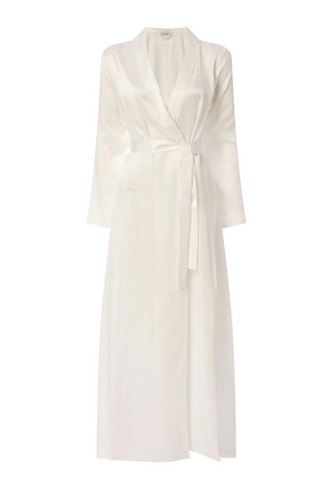 SALE Beautiful Pure Silk Full Length Dressing Gown.  Revere collar with a one button front detail. Belted at the waist. Two concealed side pockets. Treble stitching detail on the hem and cuff. Wonderful to wear over any item of nightwear. Perfect for home & holiday wear.  100% Silk Satin. Made in Italy. Machine washable.