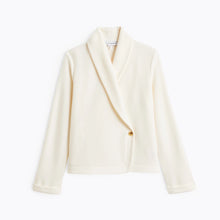 Load image into Gallery viewer, a structured white wrap-style bed jacket with a single button closure, photographed against a clean white studio background.