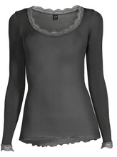 Load image into Gallery viewer, Smoke. Long Sleeve style delicate fine ribbed knit fabric in pure silk organza with the most elegant and feminine French leavers lace at the neckline and cuff. The lace is certified and numbered as true “Dentelle de Calais®”. Super-soft touch with no side seams, the construction is for the ultimate in comfort. Featuring a gently scooped neckline this top allows for a multiple of uses, as underwear or outerwear. 100% Silk All Oscalito Silk is certified GOTs. Machine washable