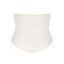 Load image into Gallery viewer, A beautiful ivory lace waspie, made of delicate lace and cotton lining. The waspie gently enhances your natural curves while a high-rise design accentuates your breasts.
Lacing at the front ensures ease of use and eye let closure on the side further assists with this.
Wear it discreetly under your clothes or style your outfit using it as a belt.
Your imagination, your style.
Made in France.