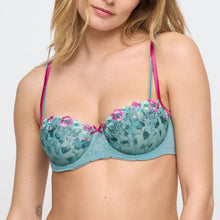 Load image into Gallery viewer, A Bali Green under-wired balcony bra featuring a contrasting fuchsia double spaghetti strap.
The cup is non-padded and non see-through. The top of the cup has Fuchsia embroidered flowers giving an illusion of growing flowers on the cup.
A sweet feminine style for the summer.